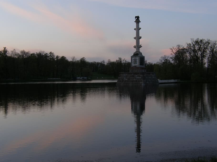 spring, tree, park, tower, monument, pond, sky, water, reflection HD wallpaper
