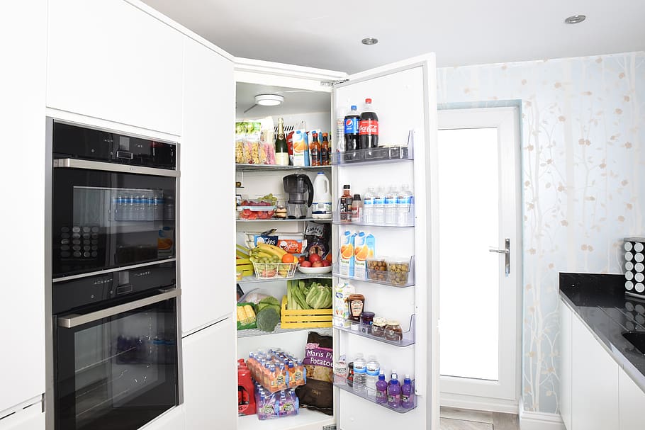 fridge, fridge door, refrigerator, open door, cold, food storage, HD wallpaper
