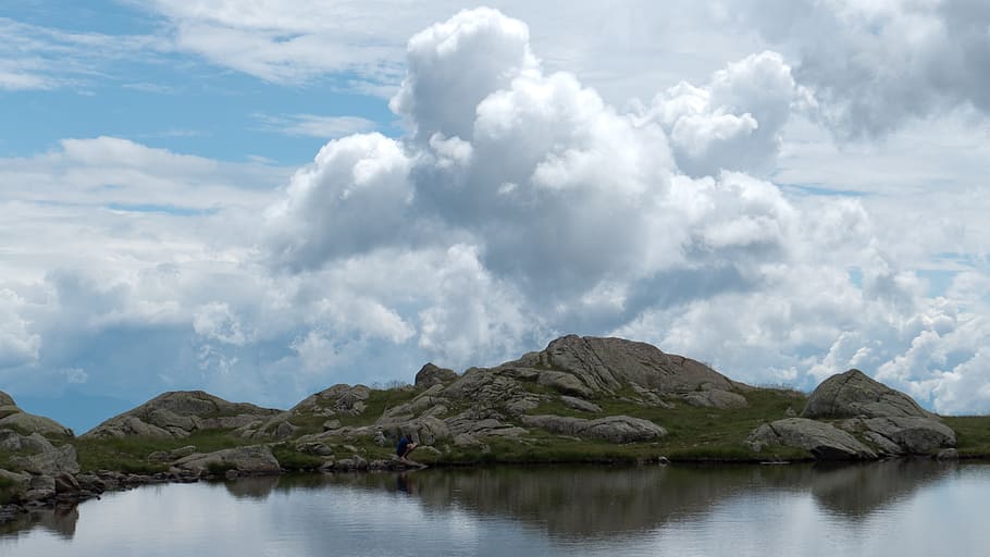 clouds, sky, lake, mountains, alpine, mirroring, reflection HD wallpaper