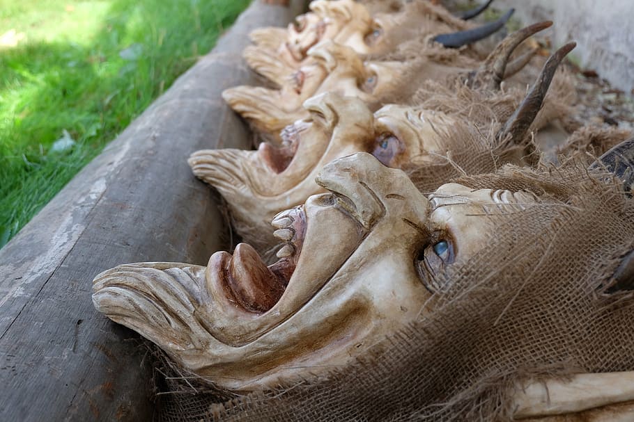 monster masks, krampus, customs, austria, devil, wooden mask HD wallpaper