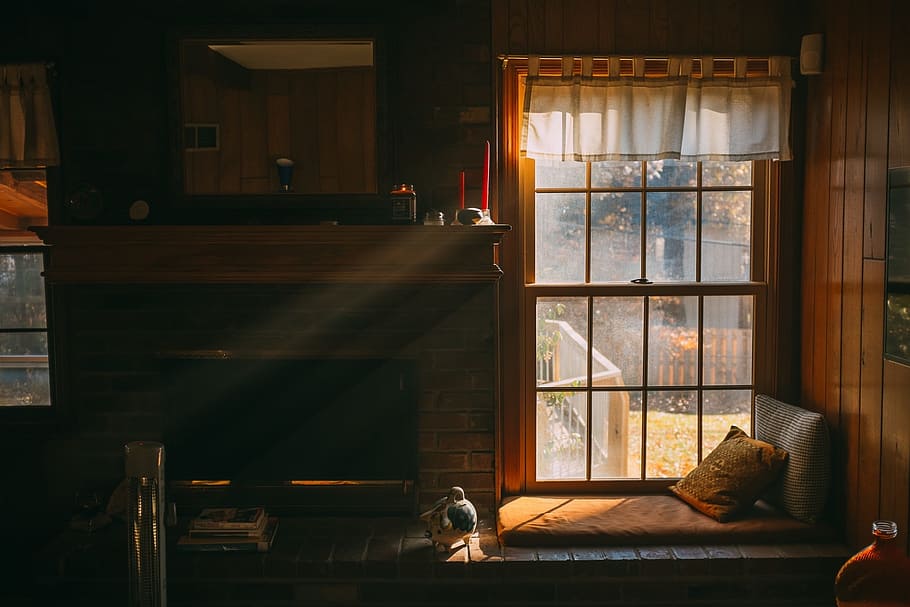 fireplace near brown pillow, architecture, building, infrastructure HD wallpaper