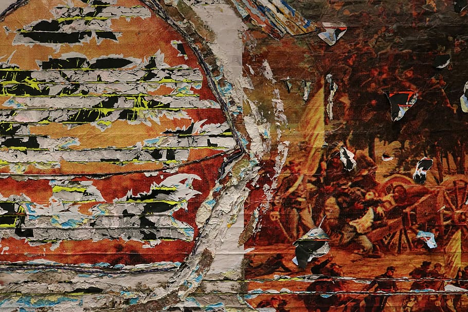 orange and gray abstract painting, ripped multicolored abstract painting HD wallpaper