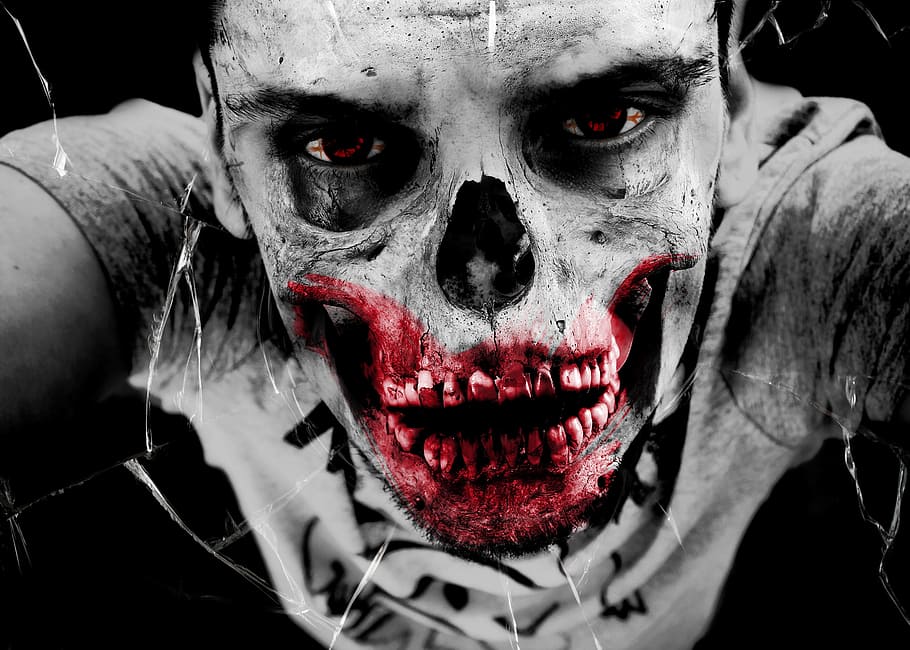 selective color photography of man with bloody skeleton face art HD wallpaper