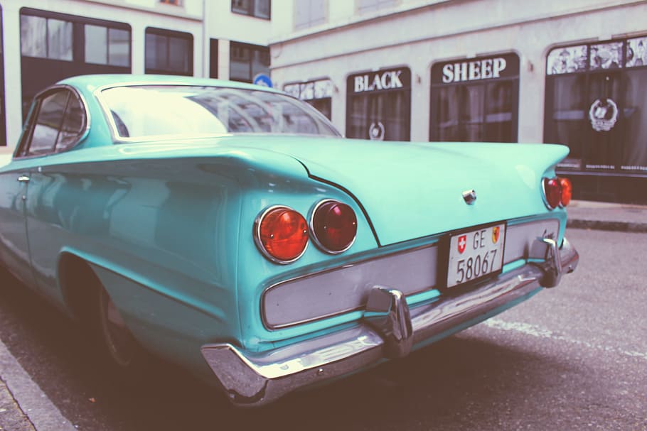 teal cope on gray concrete pavement, teal coupe parked near white building, HD wallpaper
