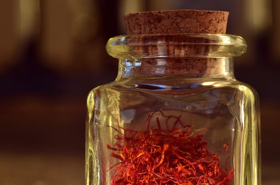 saffron, red, bottle, glass, vessel, container, cork, small, HD wallpaper