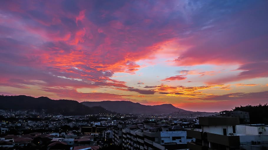village houses under orange sunset, equator, guayaquil, architecture HD wallpaper