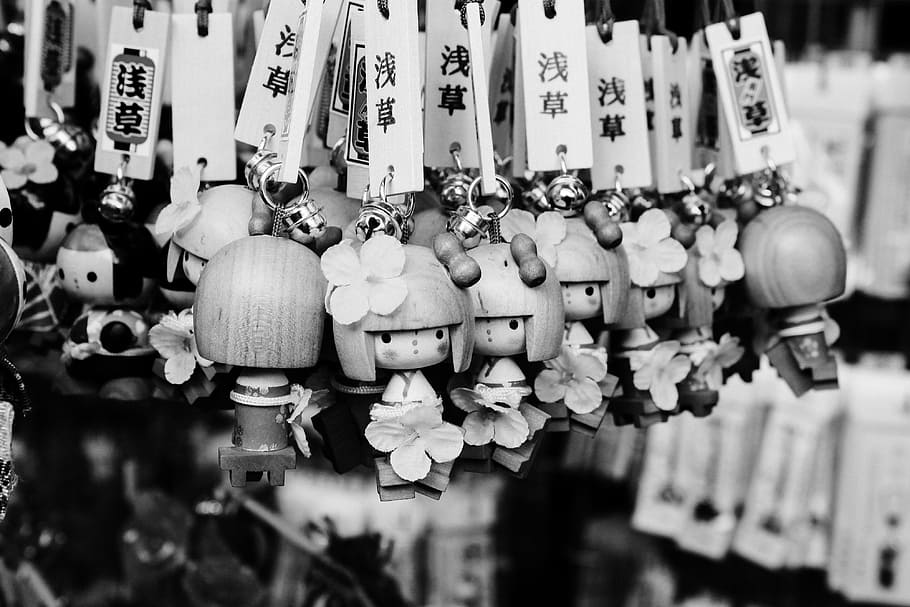 Japanese souvenirs, objects, other, black And White, large group of objects HD wallpaper