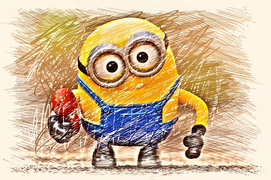 painting of yellow and blue Minion, funny, figure, drawing, colorful