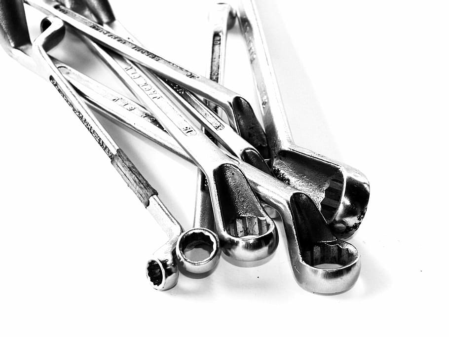 grayscale photo of combination wrench, tools, set, handyman HD wallpaper