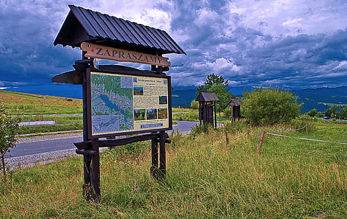 information board, storm clouds, tatry, podhale, way, sky, cloud - sky HD wallpaper