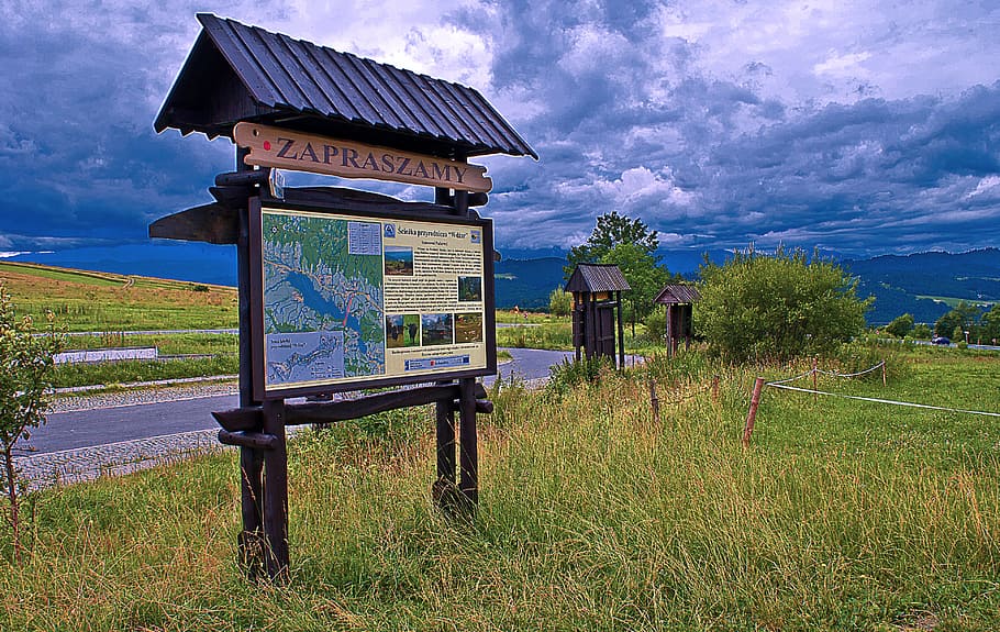 information board, storm clouds, tatry, podhale, way, sky, cloud - sky HD wallpaper