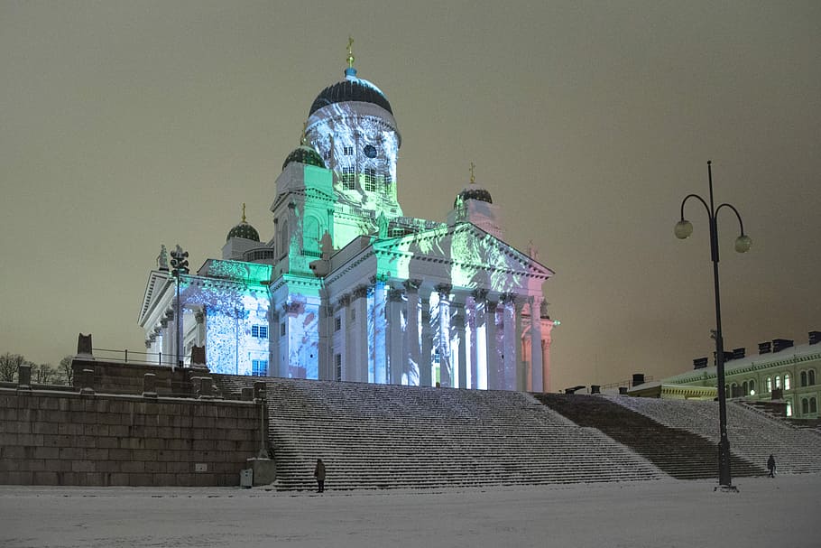 Helsinki Cathedral, Lux Helsinki, light show, snow, turism, church, HD wallpaper