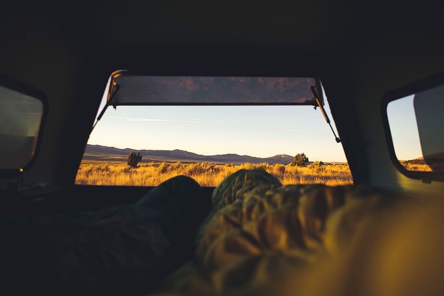 person in camper shell during daytime, person lying inside tent looking and brown grassfield HD wallpaper