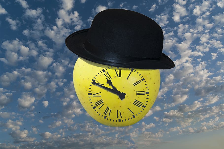 hat, apple, clock, sky, time, cloud - sky, low angle view, yellow HD wallpaper
