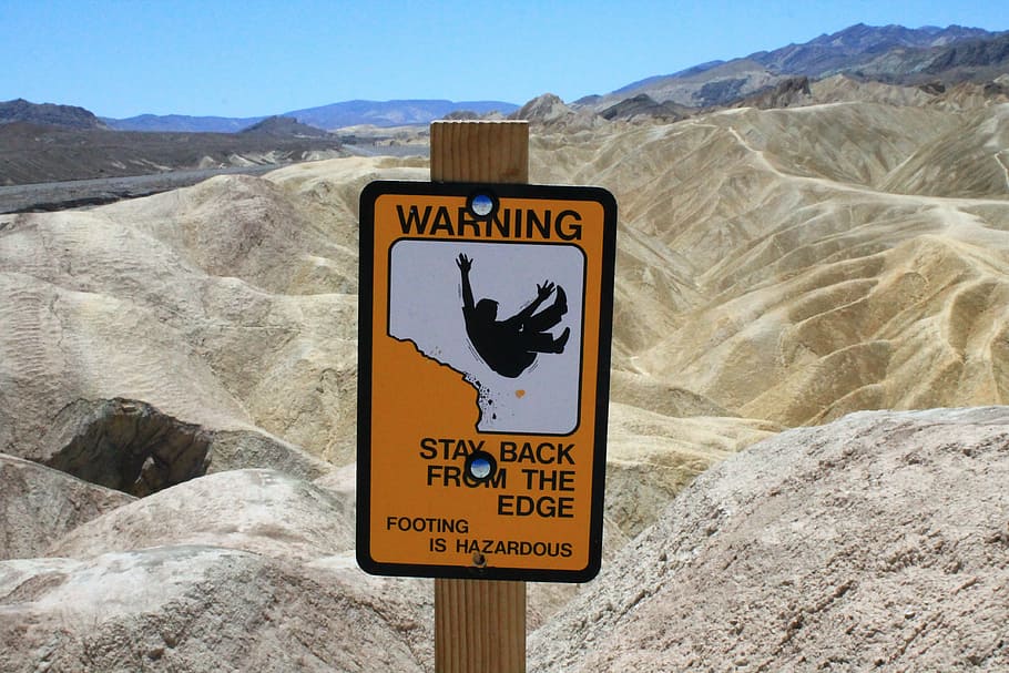 cartel, danger, attention, fall, mountain, sign, nature, desert HD wallpaper