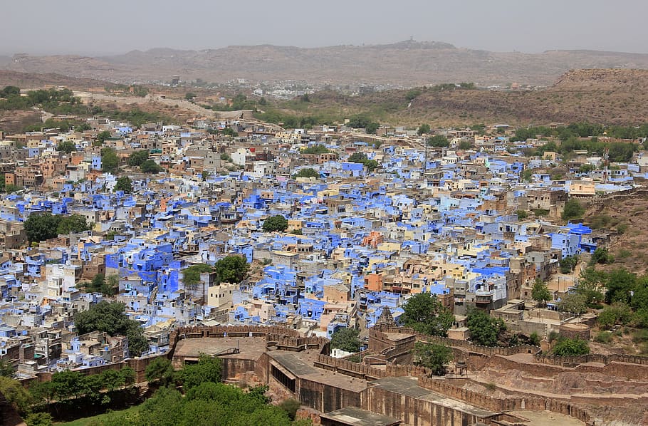 city surrounded by mountains, jodhpur, blue city, rajasthan, india