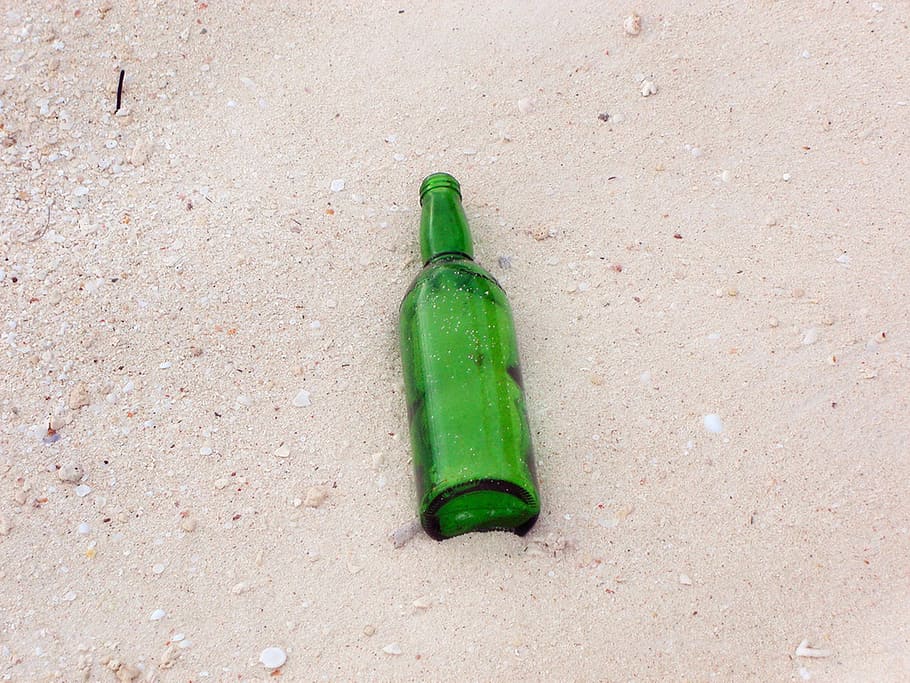 Bottle, Sand, Beach, Empty, Drink, green, beach party, remnant HD wallpaper