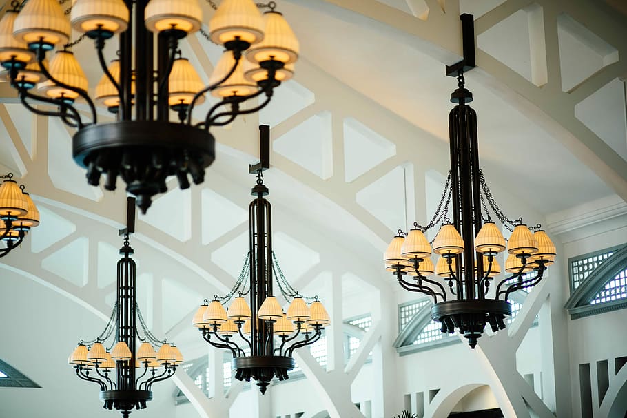 black and yellow down-light chandeliers, black metal framed chandeliers HD wallpaper