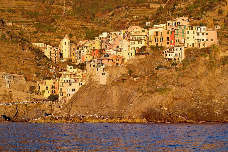 cinque terre, village, mediterranean, sunset, coast, seascape HD wallpaper