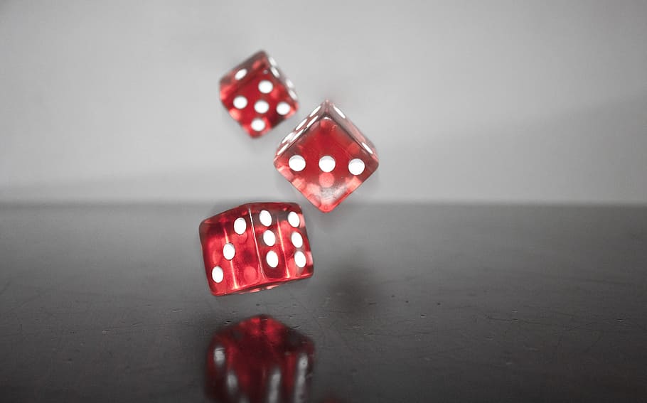 three dice on black surface, cube, red, fall, random, lucky number, HD wallpaper
