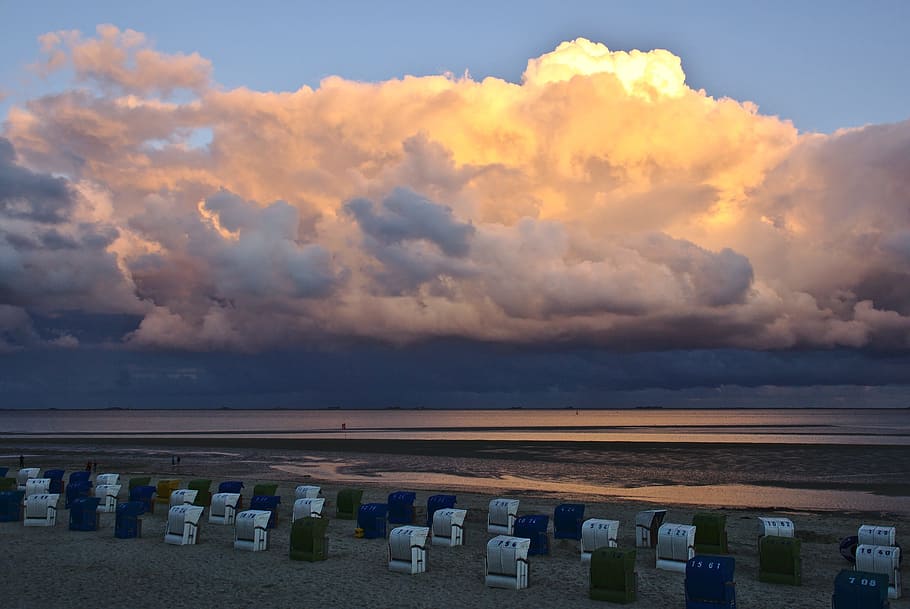 Beach, Chairs, Sunset, Cumulus, beach chairs, sky, north sea HD wallpaper