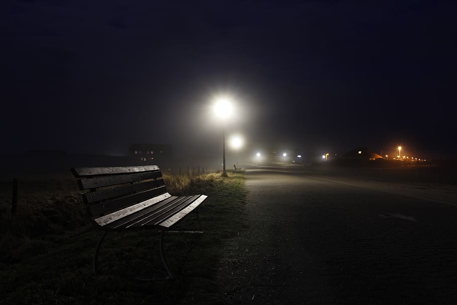 fog, dusk, lantern, road, evening, darkness, schönwetter, nature HD wallpaper