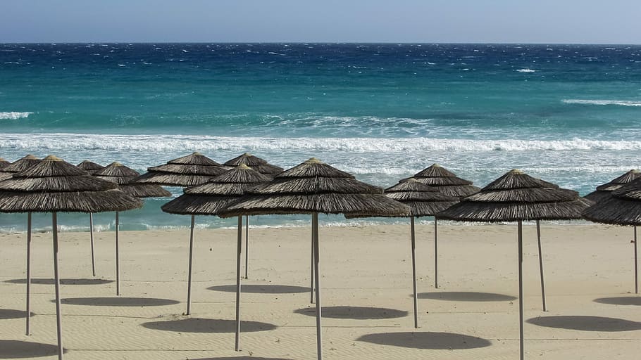 Beach, Umbrellas, Sand, Cyprus, ayia napa, nissi beach, sea HD wallpaper