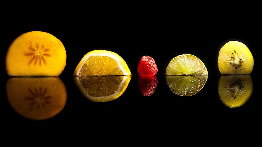 five assorted sliced fruits, black, mirroring, berry, vitamins HD wallpaper