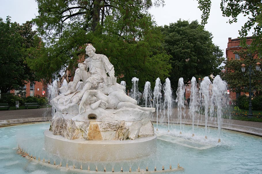 toulouse, france, fountain, tourism, monument, sculpture, water, HD wallpaper