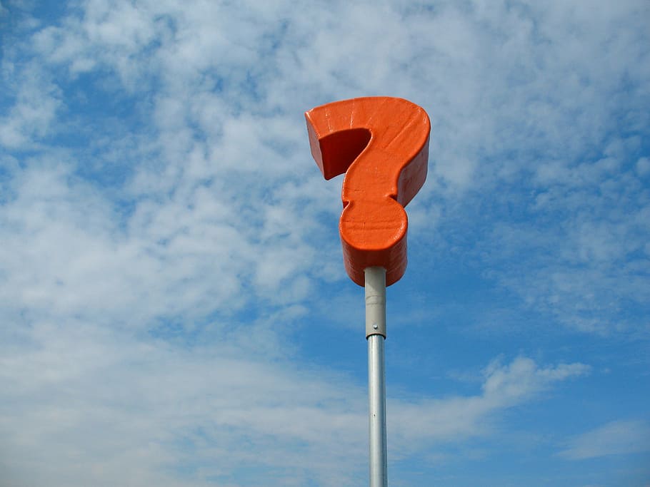 orange question mark sign, red, sky, blue, clouds, background HD wallpaper