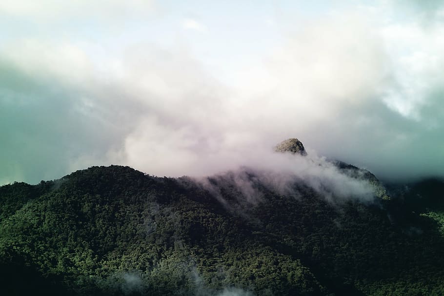 mountains, clouds, sky, travel, landscape, view, rock, forest HD wallpaper