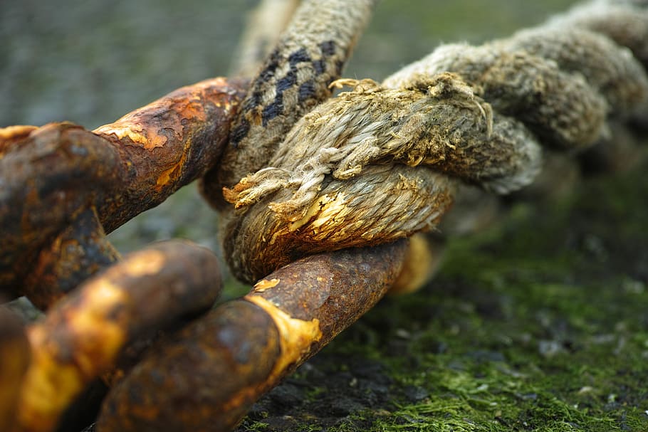gray rope tied on steel chain, old, rusty, connect, solid, detail HD wallpaper