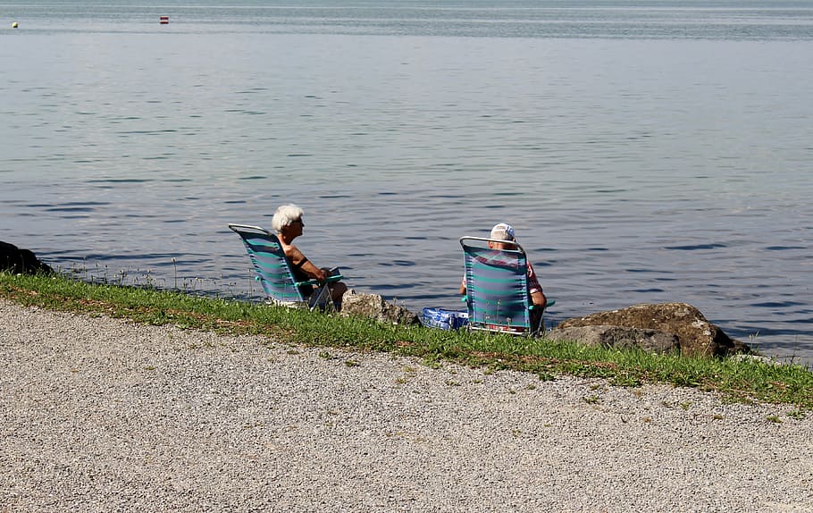 sunbathing, rest, relaxation, beach chairs, pair, lake view HD wallpaper