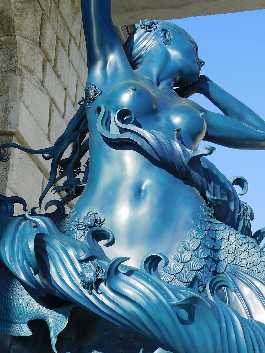 statue, mermaid, blue, crabs, bronze, venice, representation, HD wallpaper