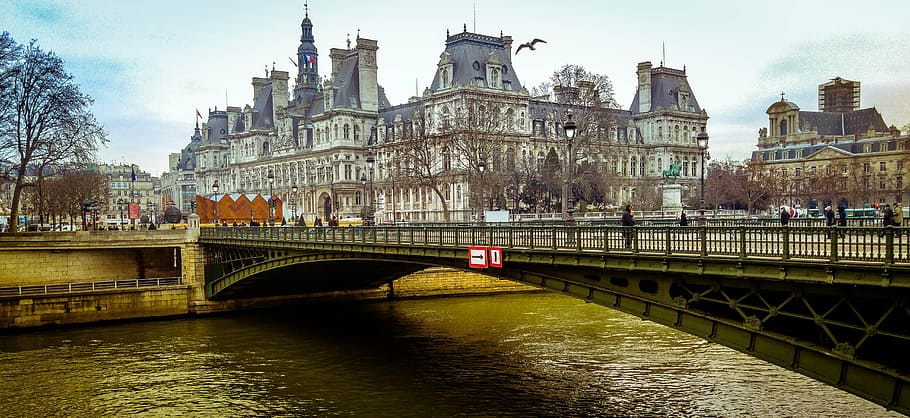 people walking on bridge, paris, seine, river, landscape, palace HD wallpaper