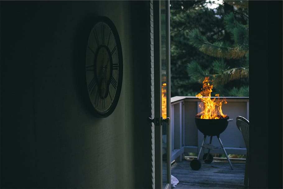 flame in charcoal grill near rails, open, door, black, kettle HD wallpaper
