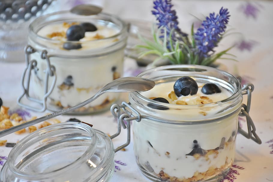 Clear Glass Hermetic Jar, blueberries, bowl, breakfast, cereal