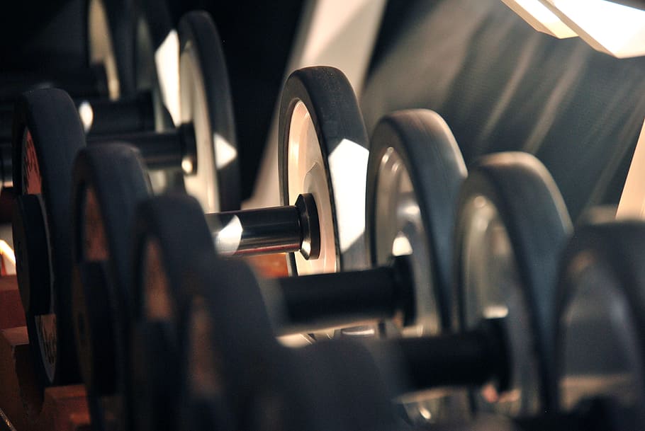 focus photo of dumbbells, black wheel, lot, gym, fitness, workout, HD wallpaper