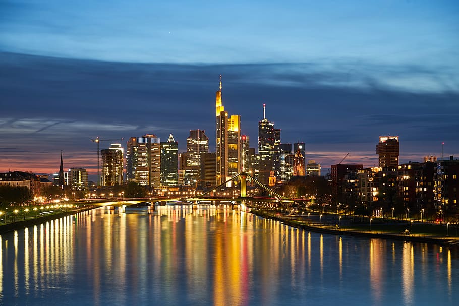city of lights photography, city skyline and lake photo during nighttime HD wallpaper