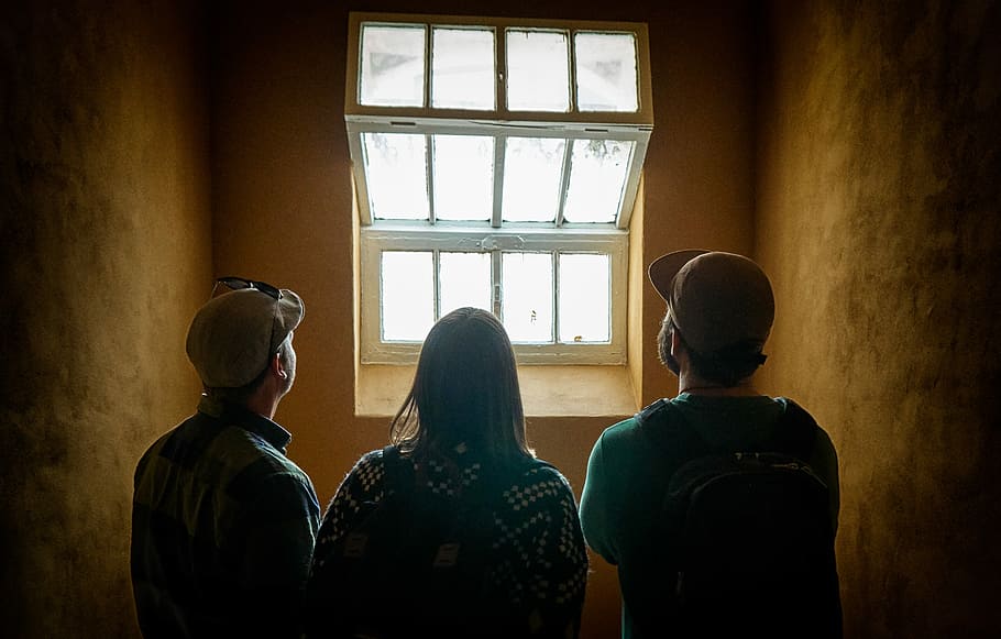 three people facing window, two men and one woman standing near window, HD wallpaper