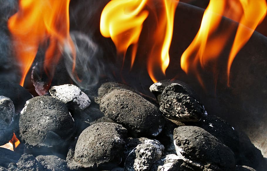 burning coals, charcoal fire, briquettes, flames, orange, gold, HD wallpaper