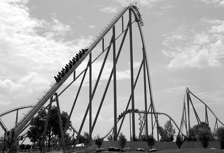 roller coaster, ride, thrill, monochrome, black and white, fun, HD wallpaper