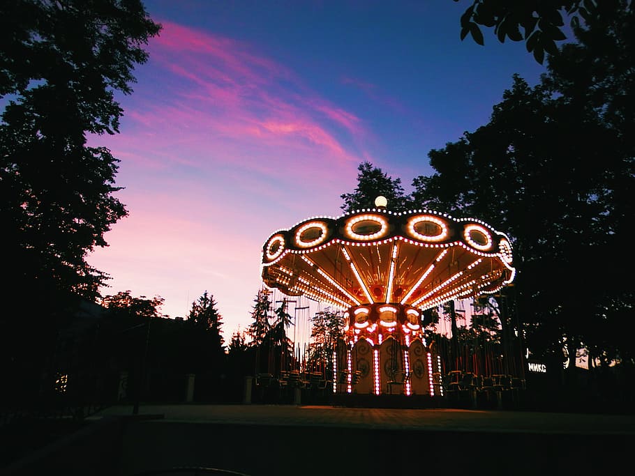 sky, sunset, merry-go-round, tree, amusement park ride, illuminated HD wallpaper