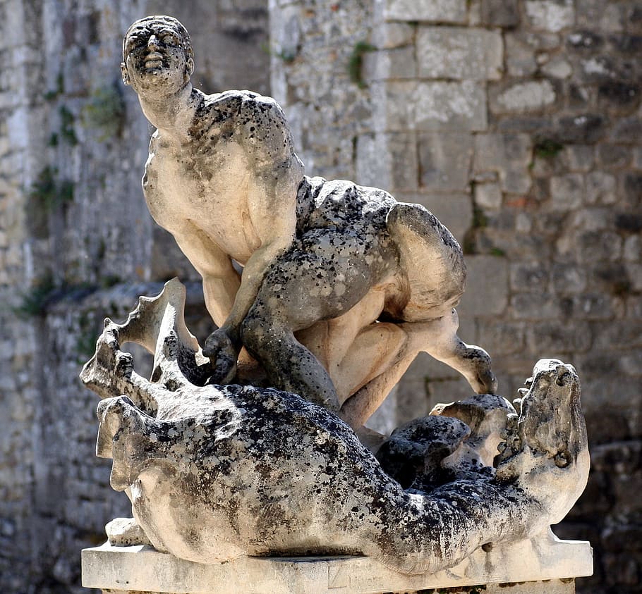 statue, man, dragon, pierre, fountain, vaucluse, france, animal HD wallpaper