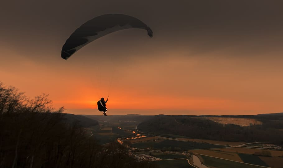 paraglider, valley, mountains, view, sky, landscape, panorama HD wallpaper