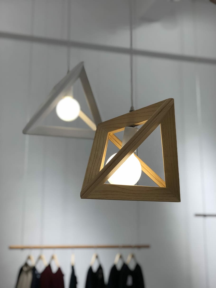 Shapes, turned on ceiling pendant lamp, light, wood, white, yellow HD wallpaper