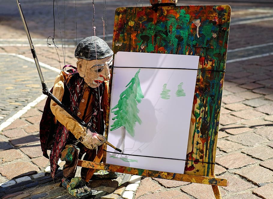 puppet painting pine tree, figure, artists, puppeteer, road HD wallpaper