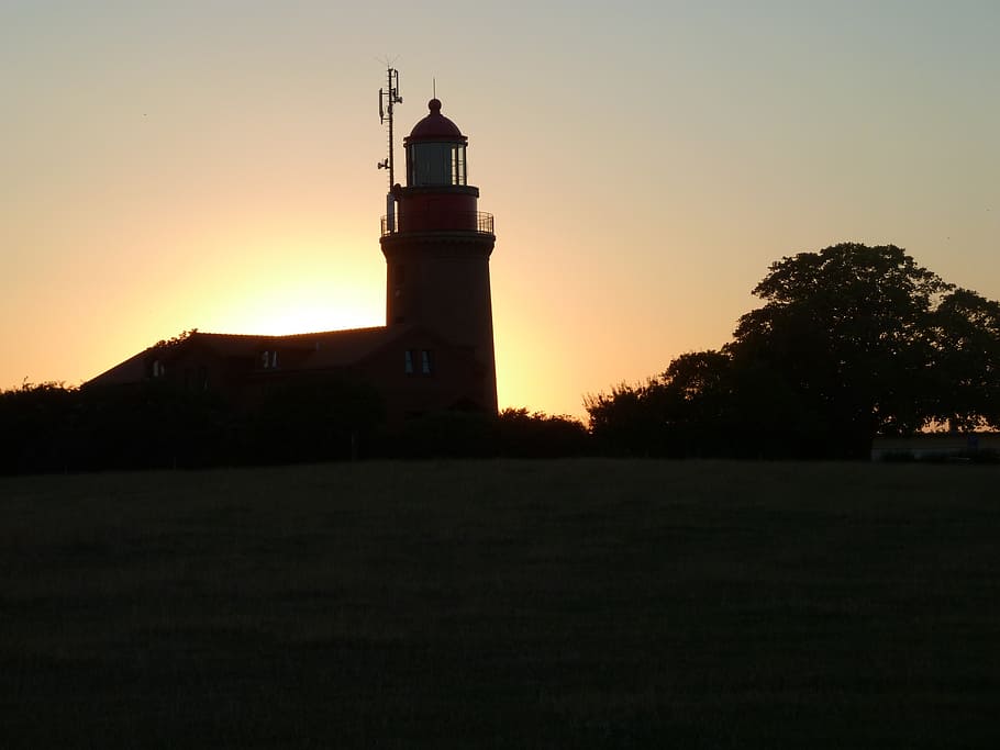 lighthouse, evening sun, sunset, romantic, nature, evening sky HD wallpaper