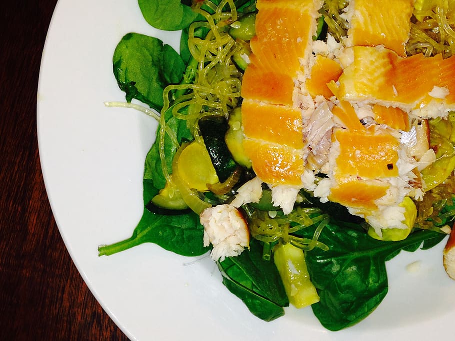 smoked trout, kelp noodles, spinach, food, ready-to-eat, freshness