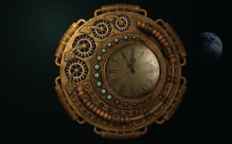 round gold wall clock, time, moondial, time machine, moon time, HD wallpaper